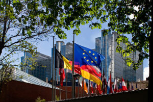 "Blue/yellow European flag, among others,fluttering in front of the European Parliament building in Brussels."